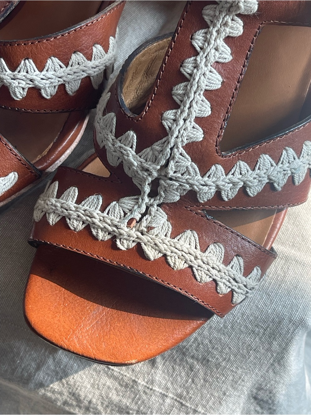 RARE Patricia Nash Brown Leather Heeled Sandals with Cream Crochet Trim
